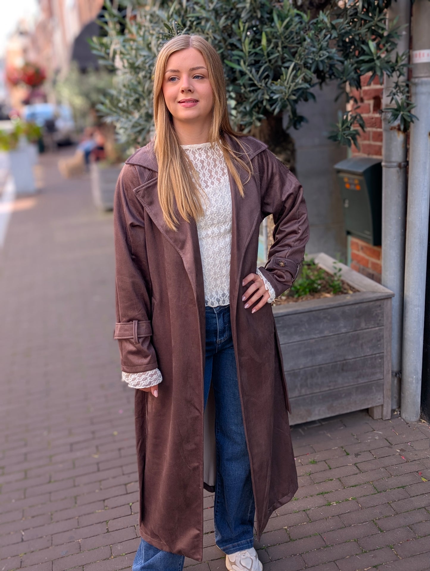 Suède look trenchcoat Fenny - Bruin