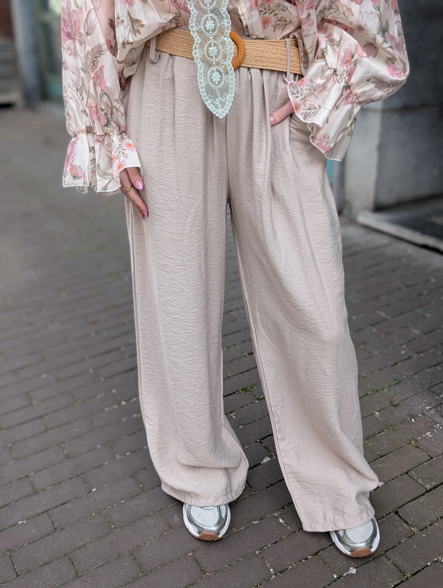 Daisi wide leg pantalon met riem - Beige