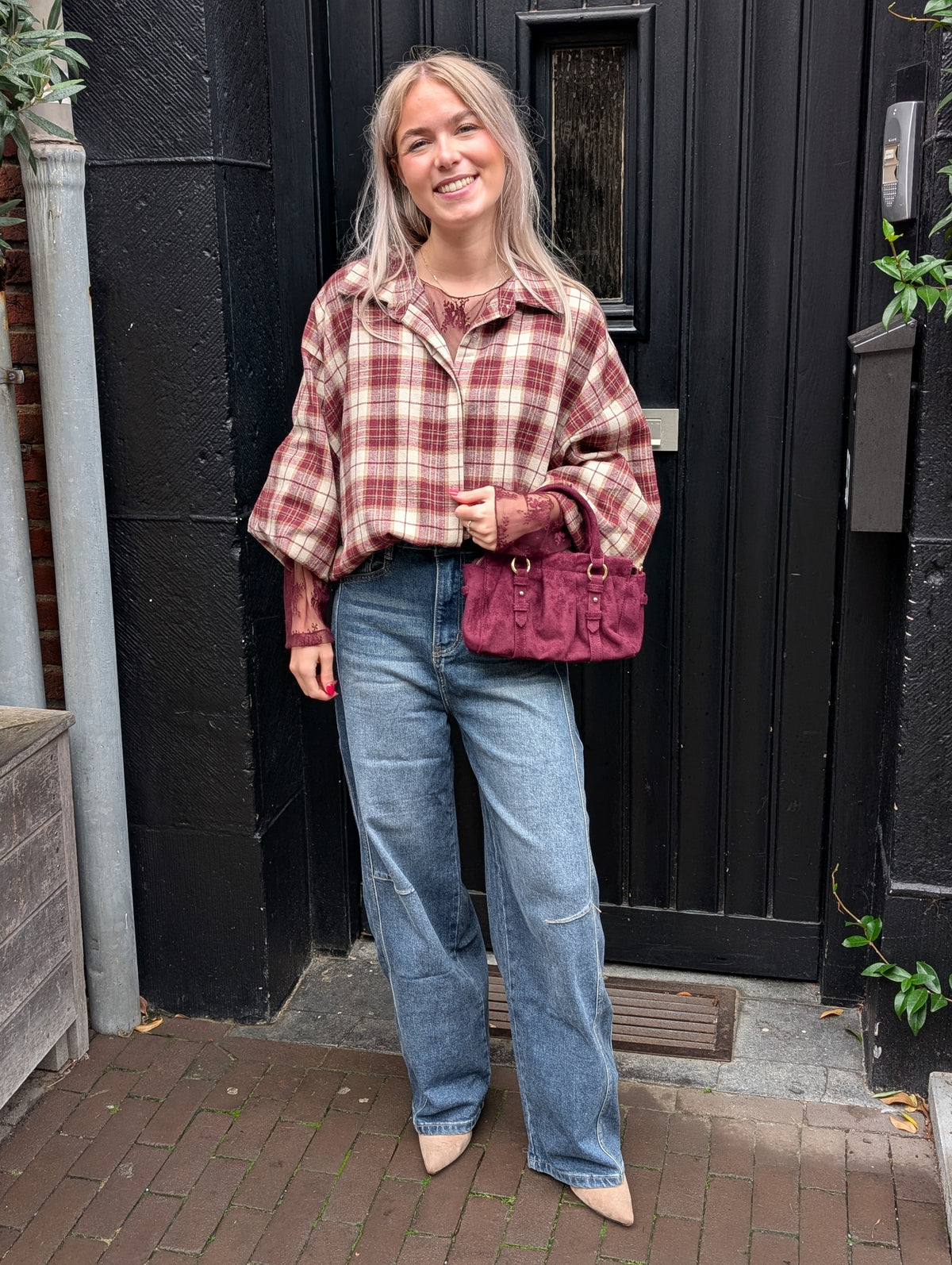 Bo ruiten blouse - Bordeaux rood / ecru