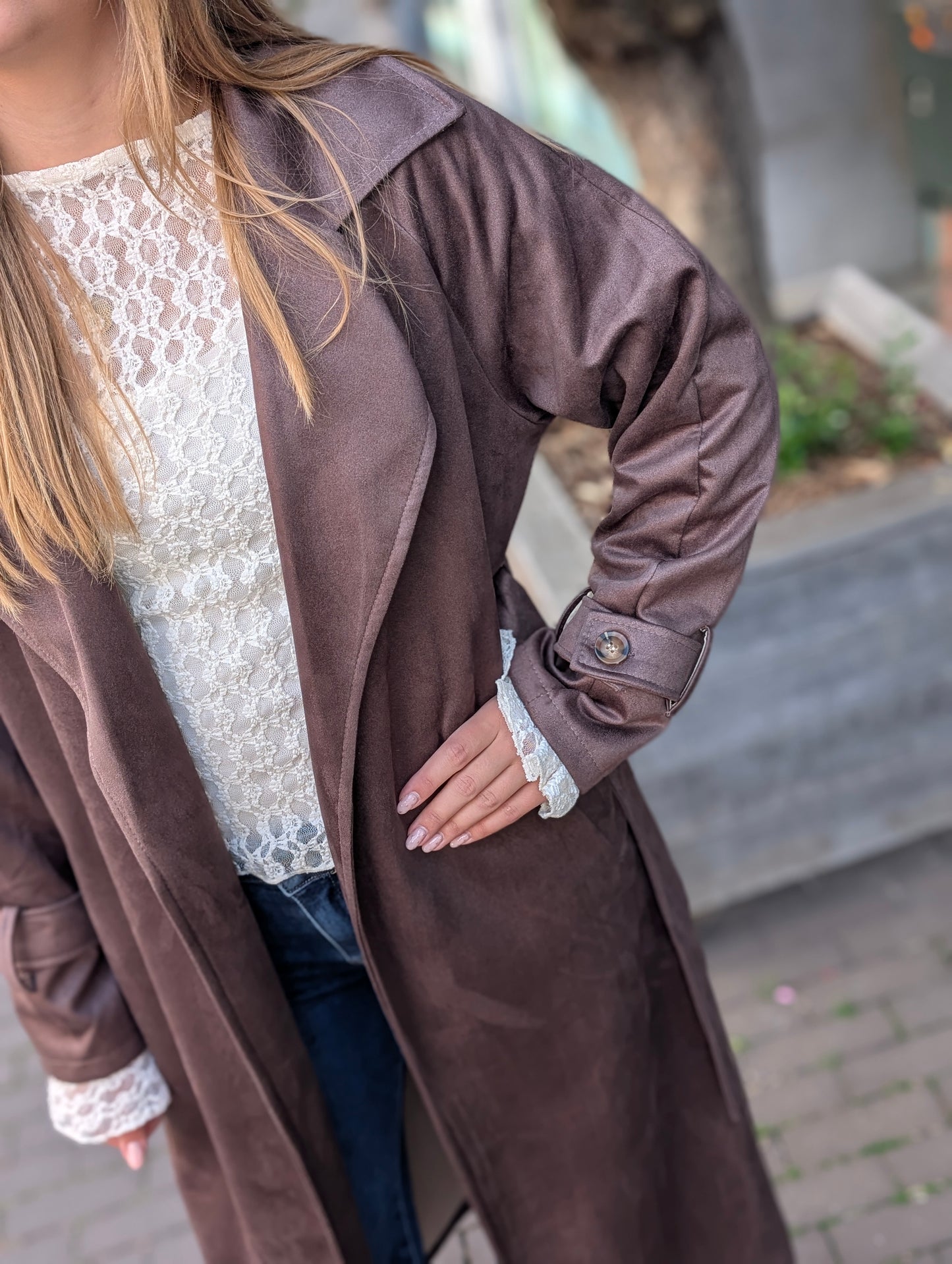 Suède look trenchcoat Fenny - Bruin