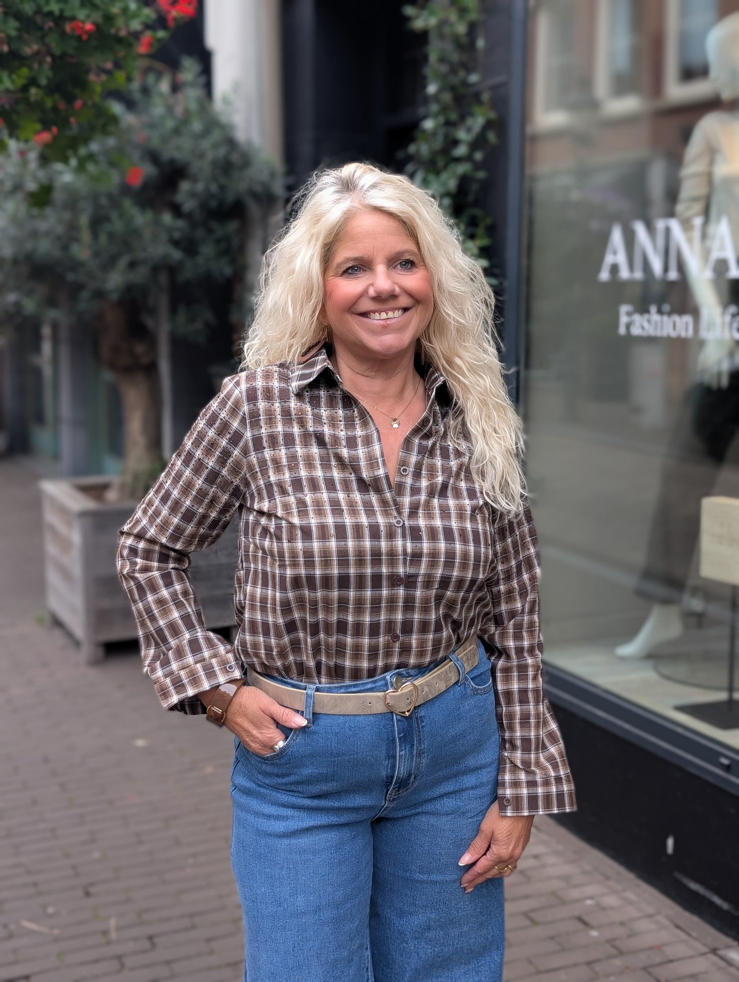 Leontine ruitjes blouse met glitterjes - Bruin tinten