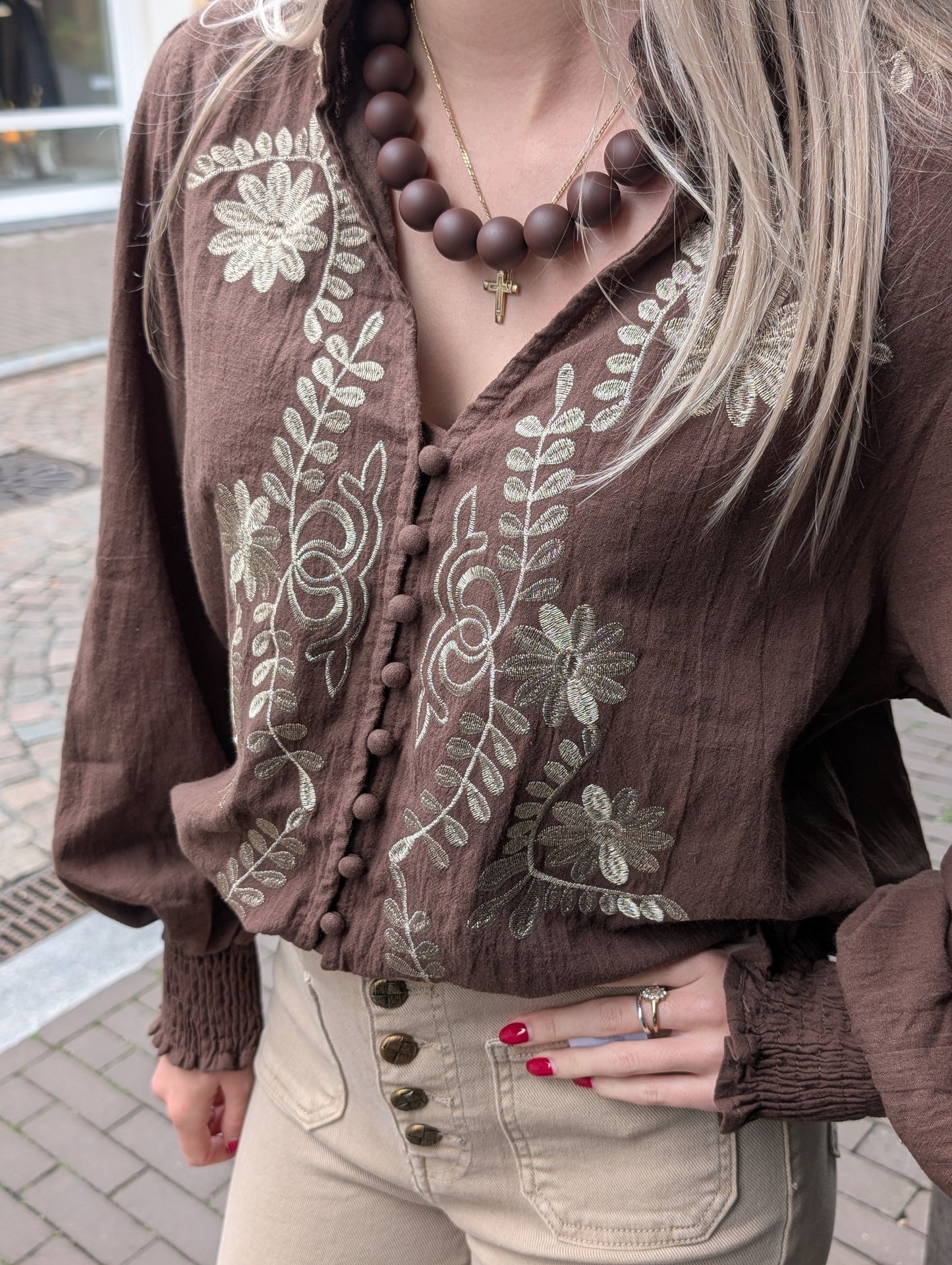 Eef blouse met bloemen - Bruin/Champagne