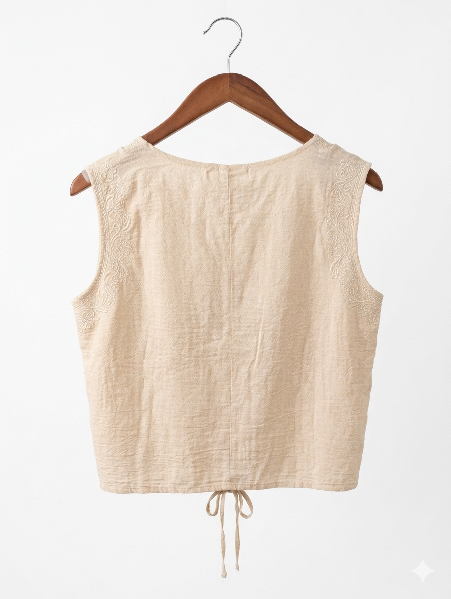 Luna Azure Embroidered Vest – Oatmeal