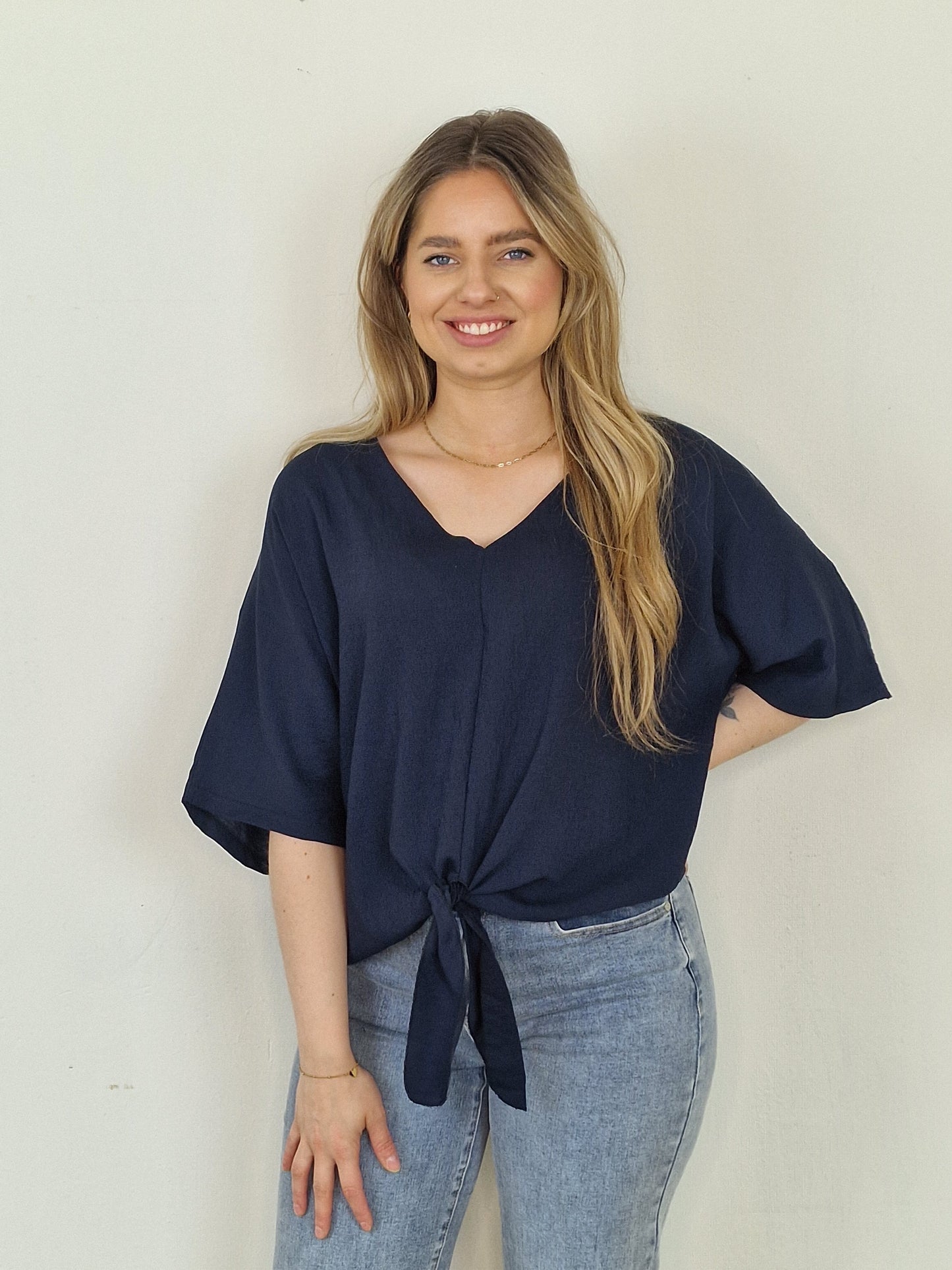 Fay knoop blouse met v-hals - Donker blauw