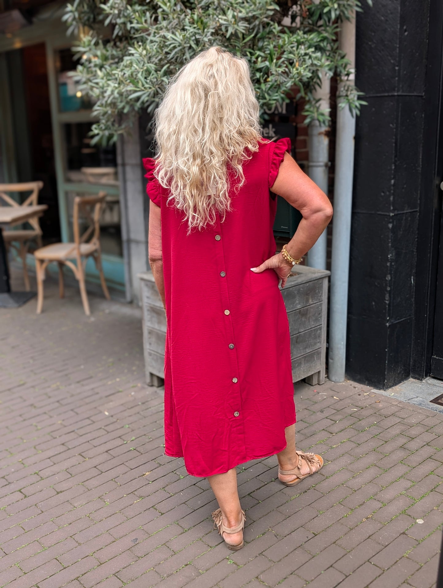 Debbie jurk met knopen aan de achterkant - Donker Rood