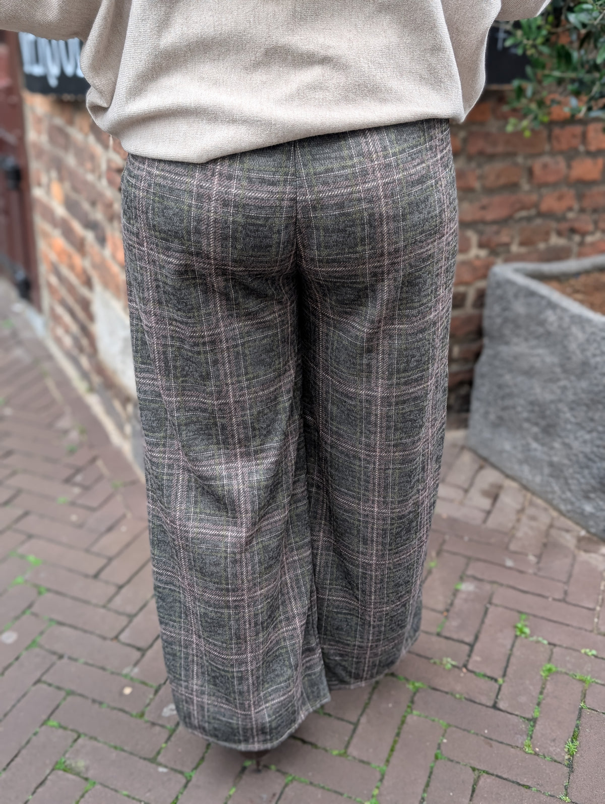 Lian Geruite pantalon met strikceintuur - Groen / camel / creme
