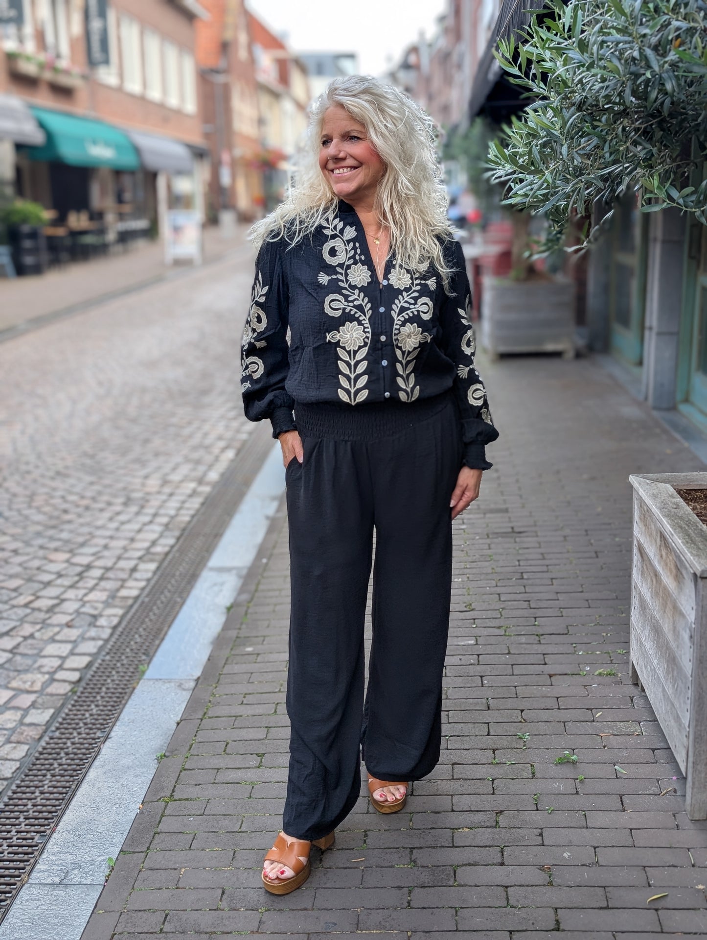 Francoise flower blouse - Zwart / creme