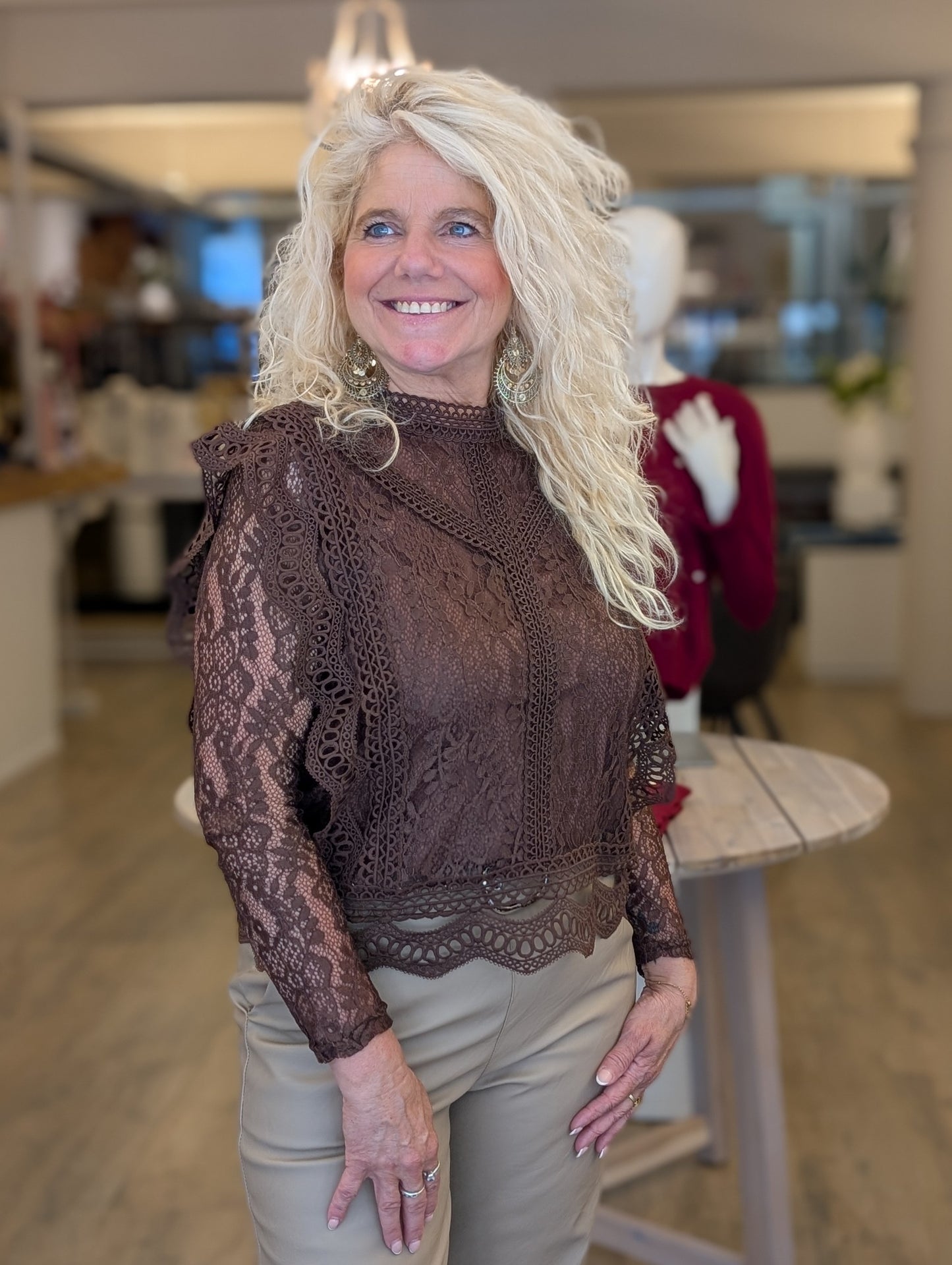 Kanten top Joline - Bruin