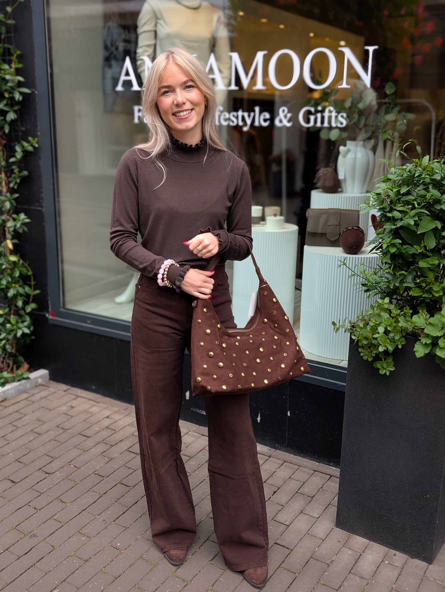 Moon tas met studs - Donkerbruin