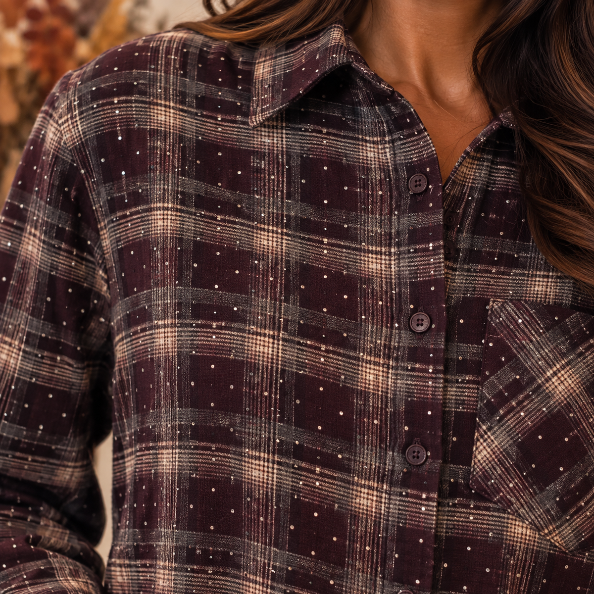 Corina glitter - ruitjes blouse - Aubergine / taupe / grijs