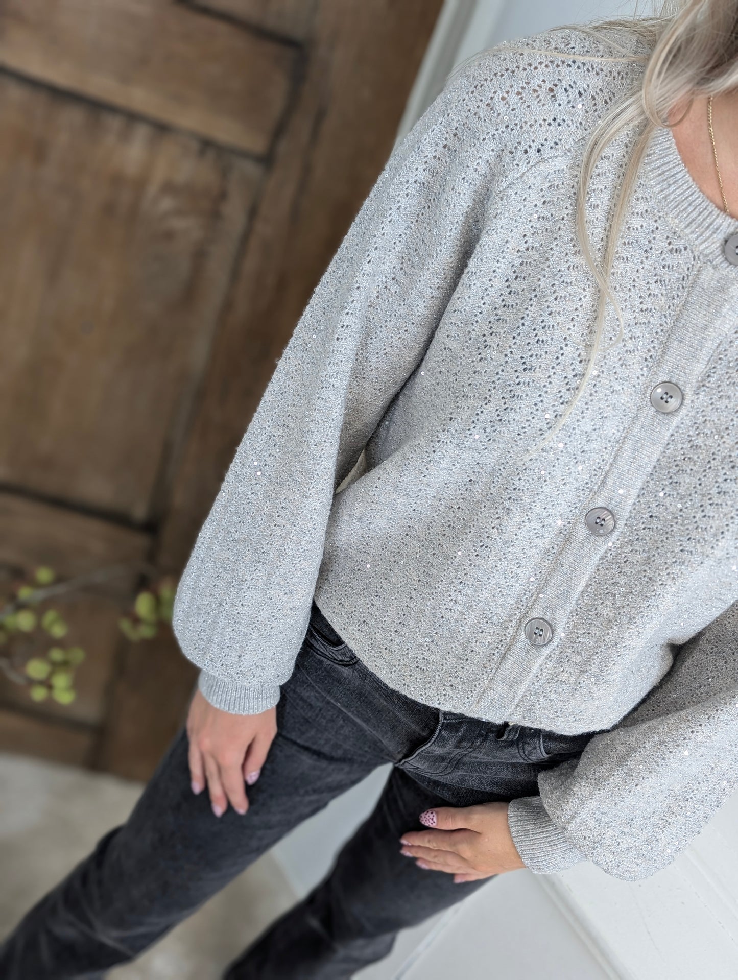 Red Button Cardigan Ajour Sparkle Stone