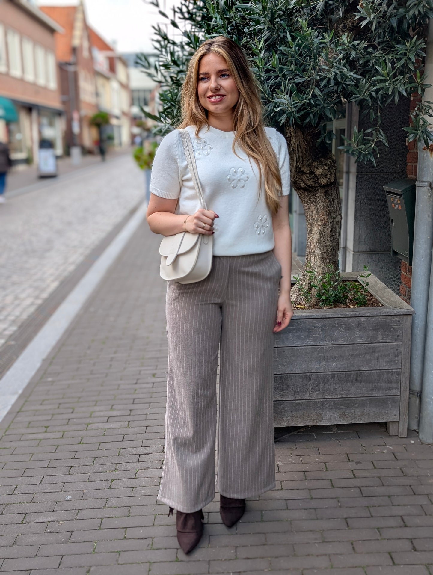 Patty streep wide leg pantalon met riem - Taupe krijtstreep wit