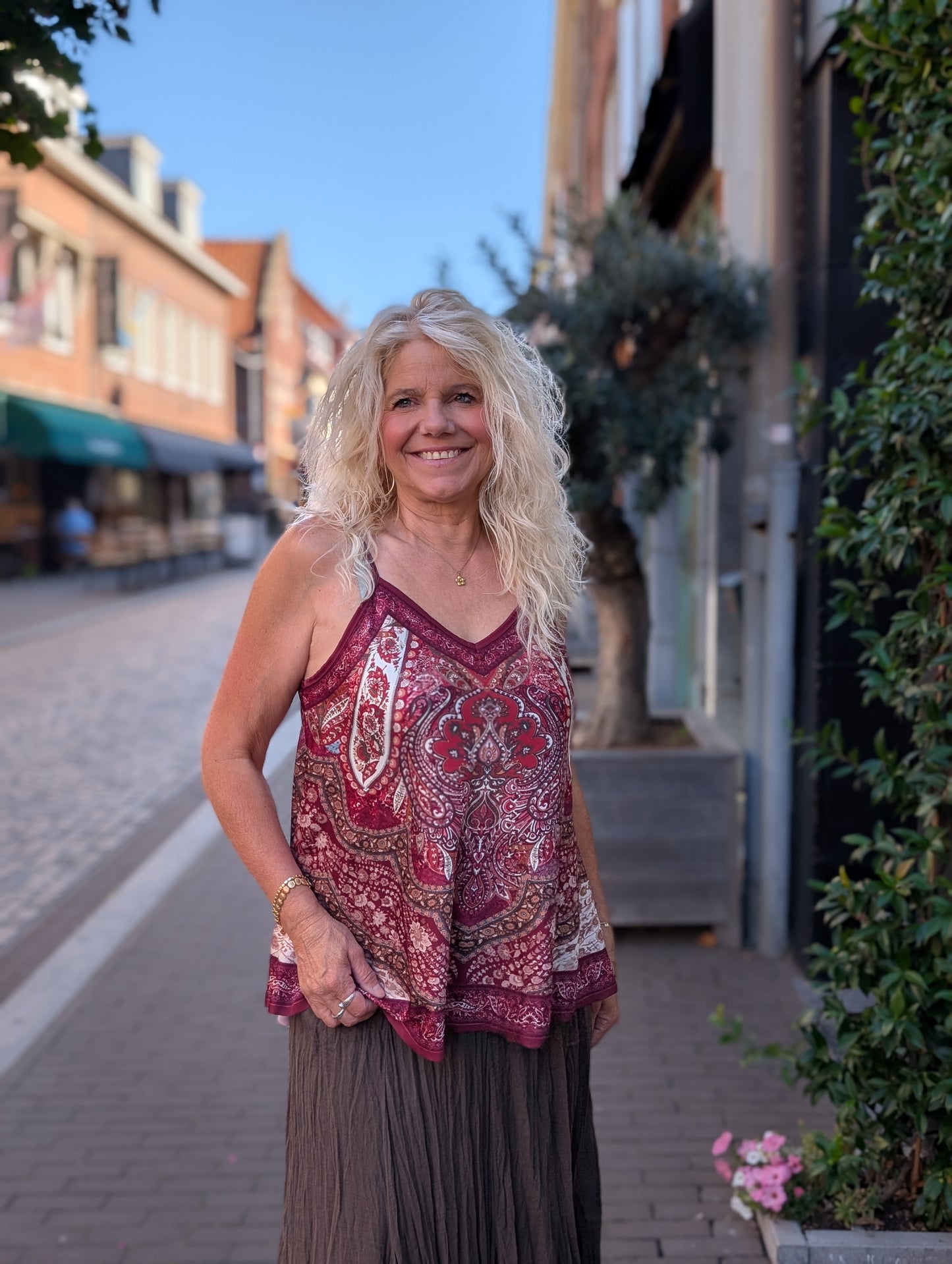 Mandala top - Ecru / bruin / bordeaux rood