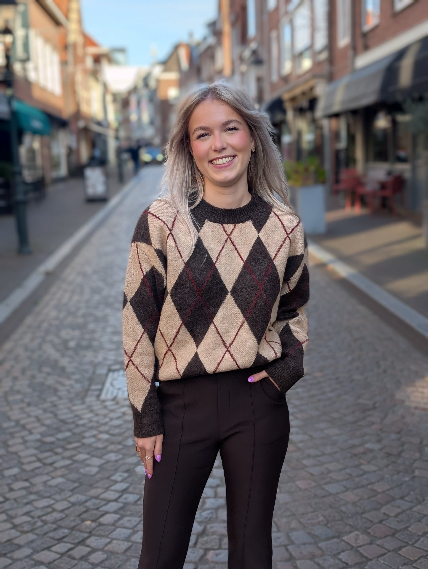 Geruite trui Marloes - Bruin mix