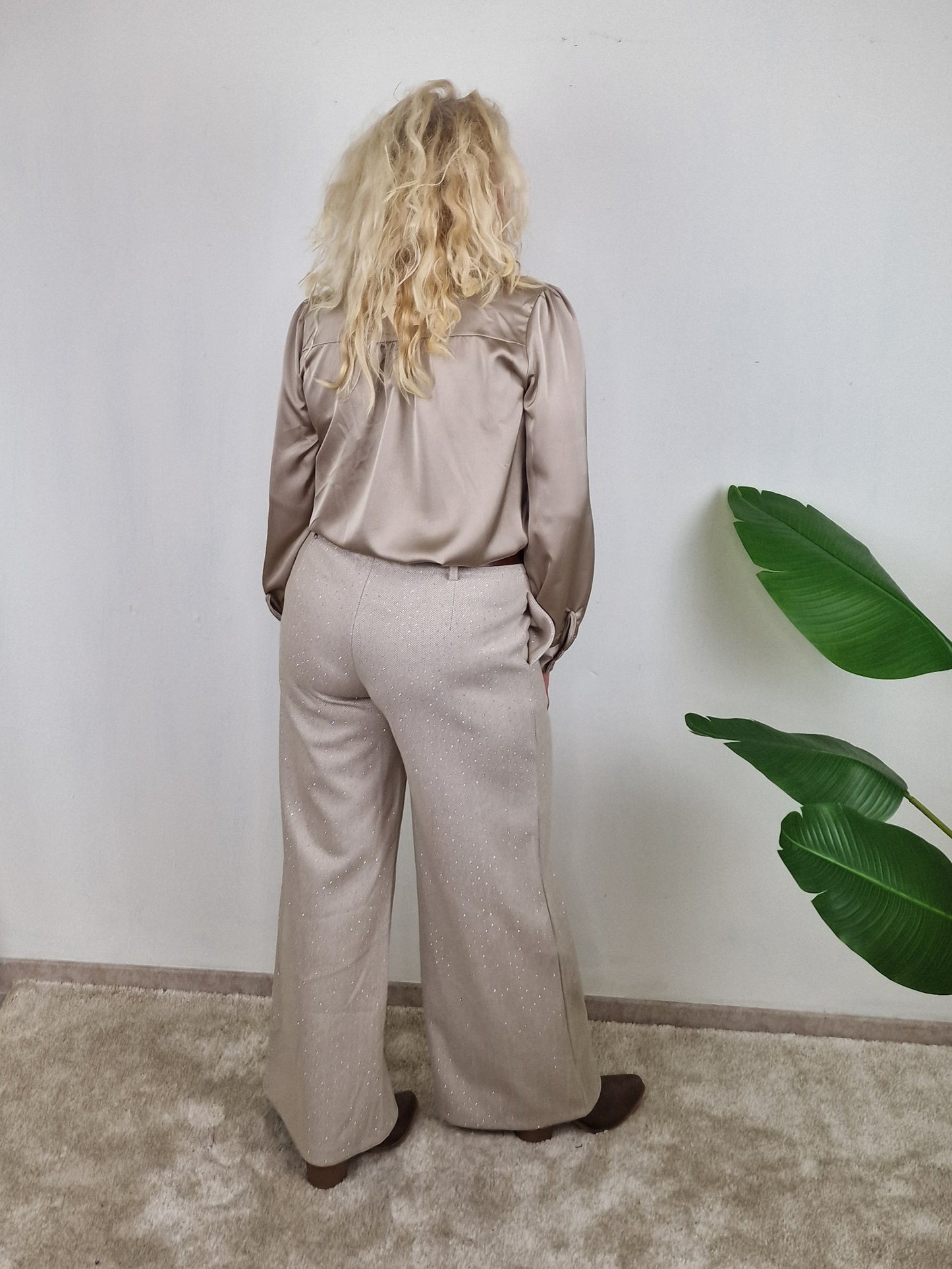 Liv Pantalon met riem wide leg- Glitter Creme
