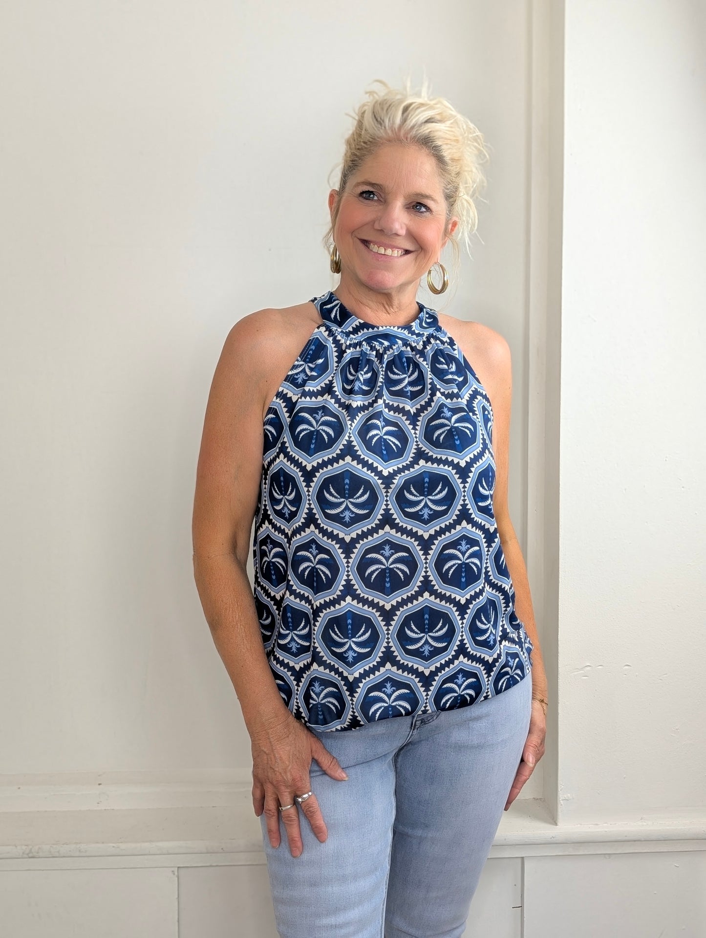 Haltertop palm print - Blauw / Lichtblauw