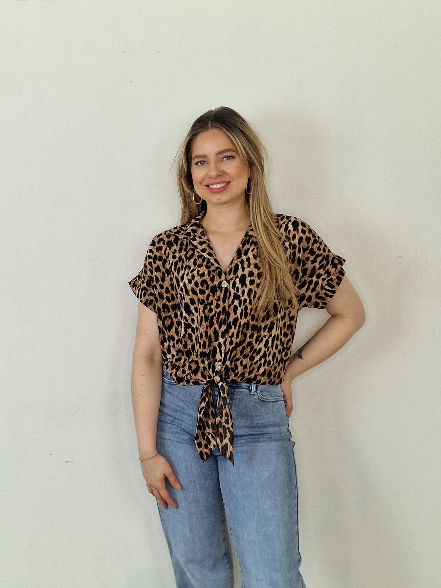 Nicole knoop blouse - Panter print bruin/ zwart