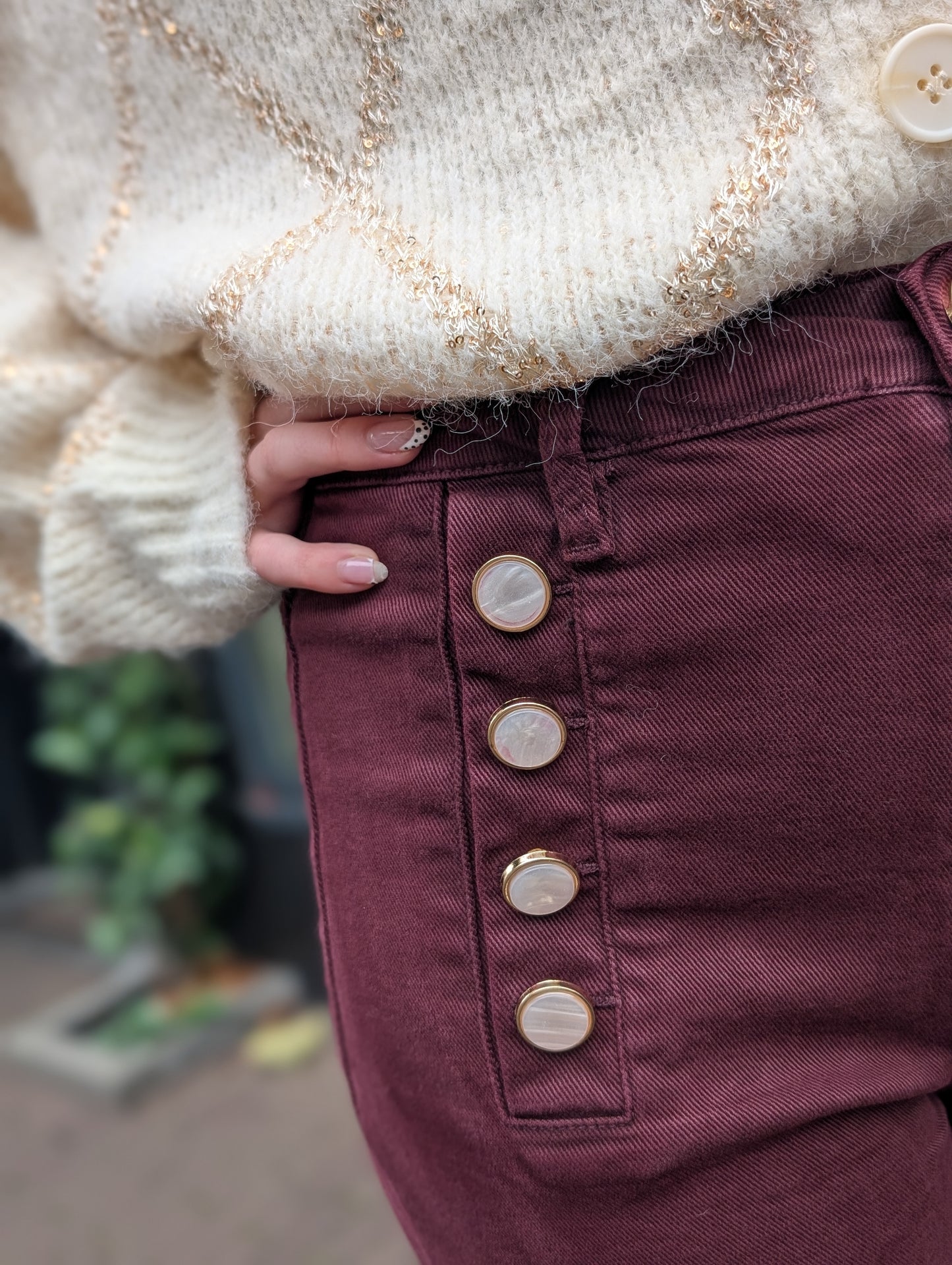 Folyrose wide leg met knopen - Bordeaux rood