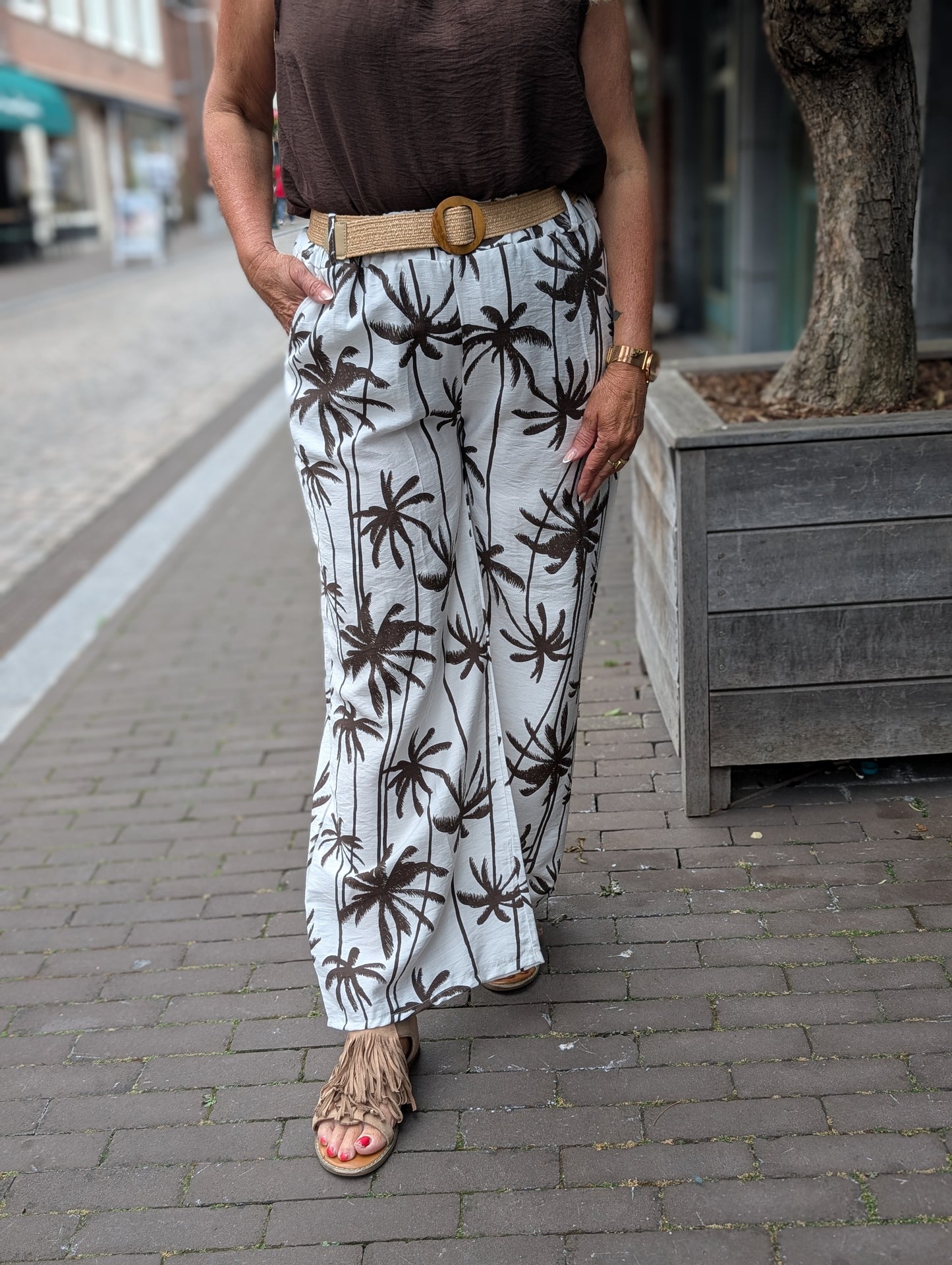 Babs palm pantalon - Off white/ bruin met riem