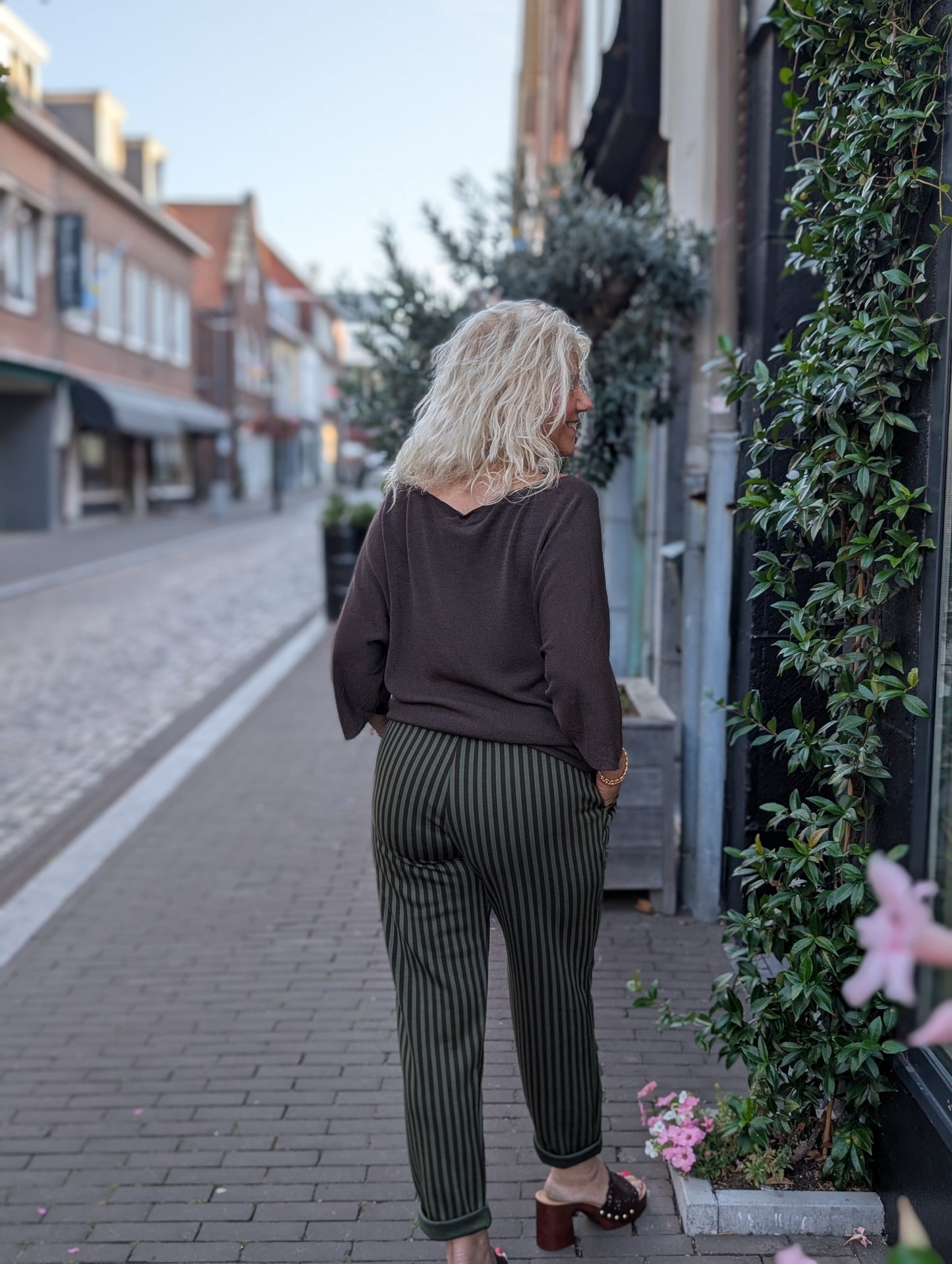 Lay streep pantalon met riem - Groen / zwart