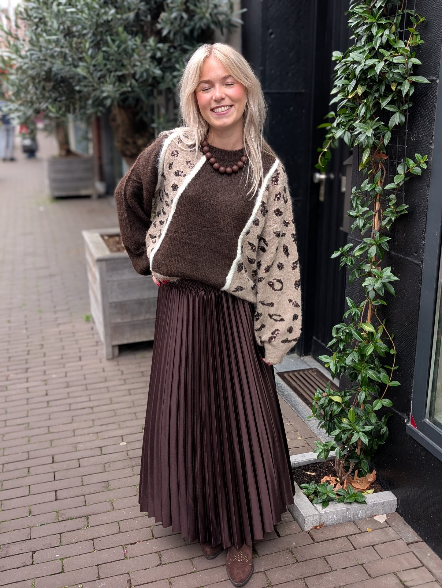 Gebreide trui met panter glitter Julia - Bruin mix