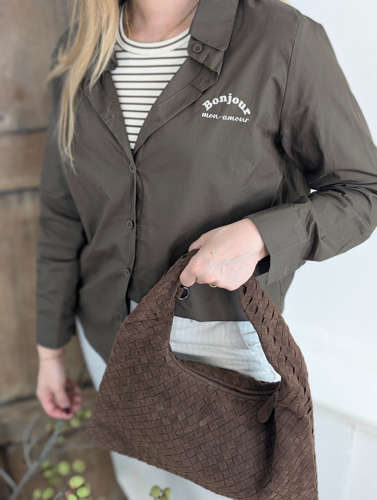 Bonjour mon amour blouse + Gestreepte top - Bruin