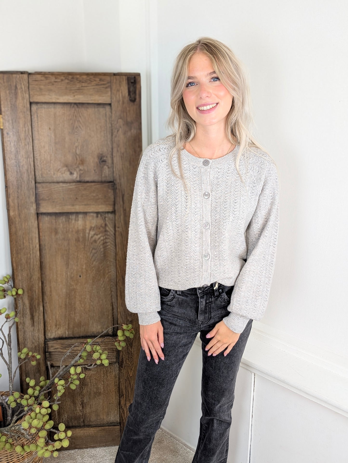 Red Button Cardigan Ajour Sparkle Stone