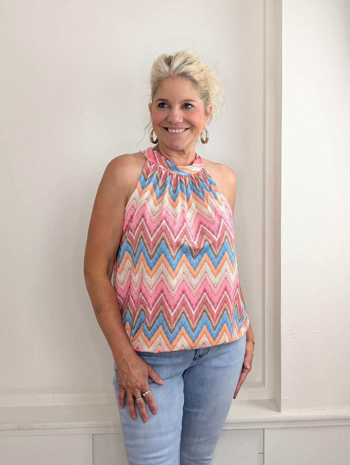 Haltertop zigzag mix - Roze mix