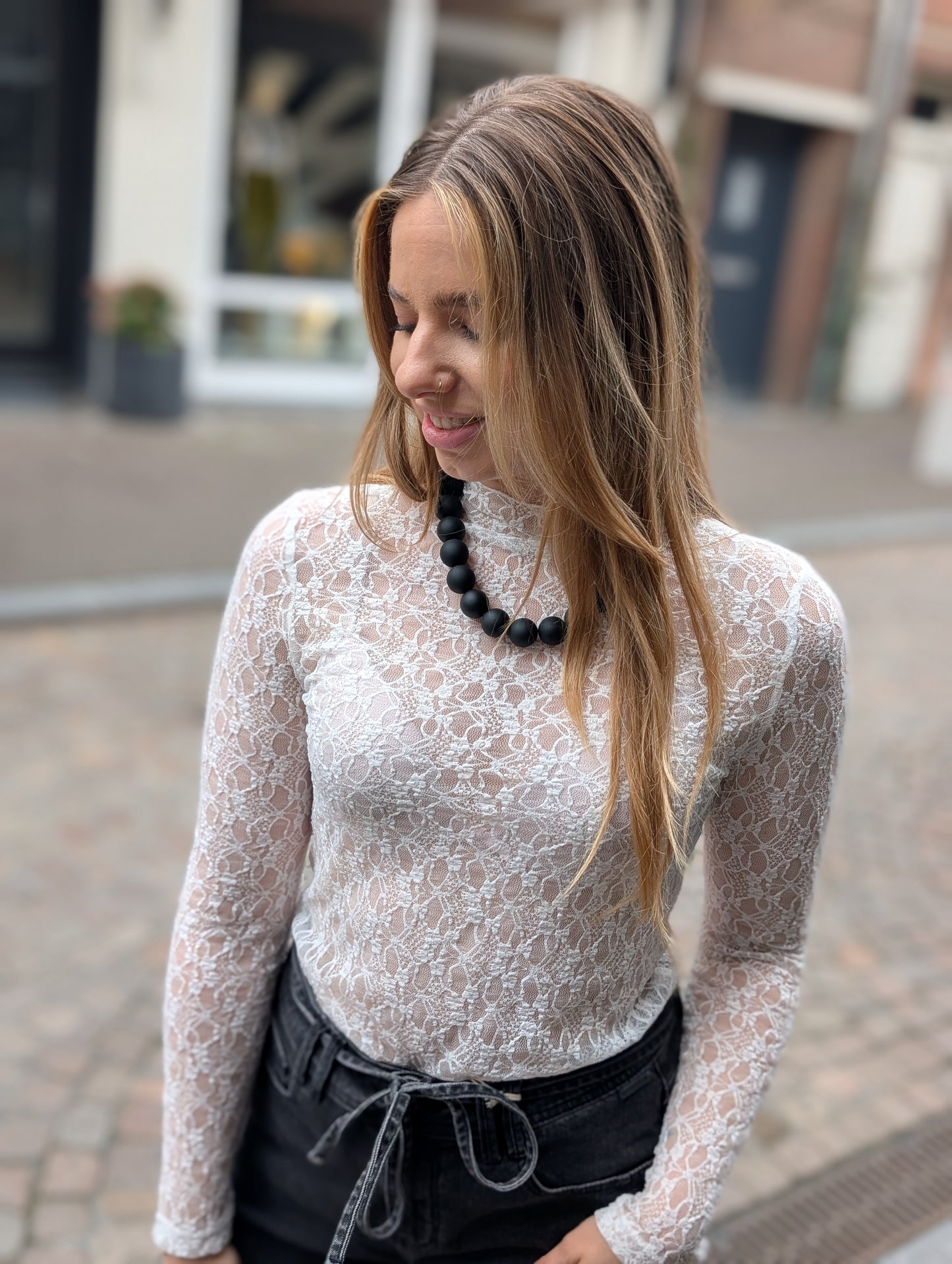 Kanten top met lange mouwen - Wit