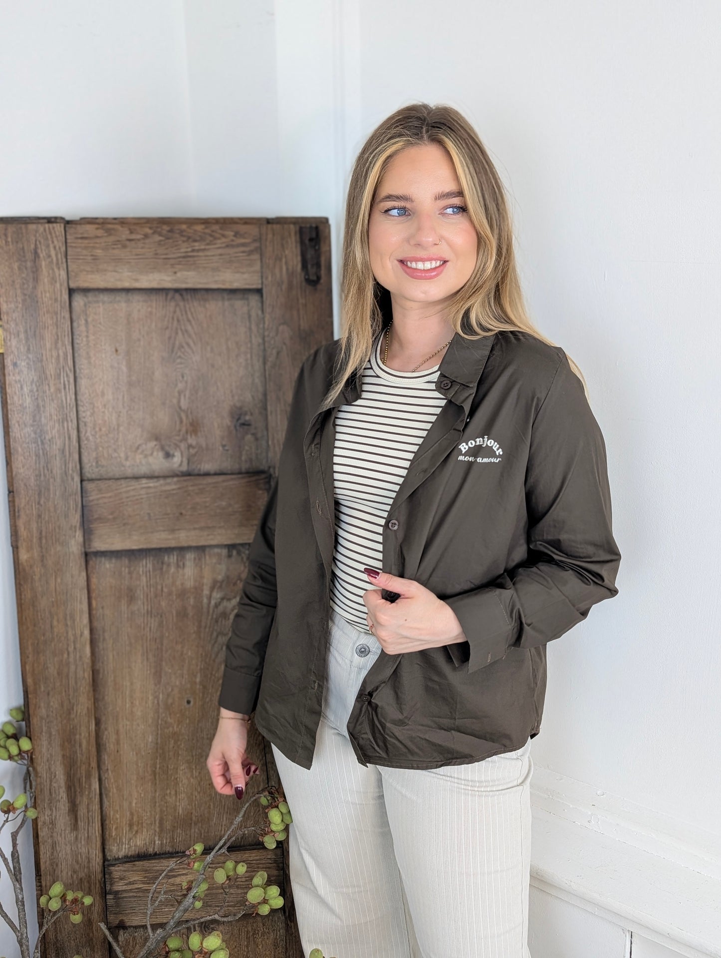 Bonjour mon amour blouse + Gestreepte top - Bruin