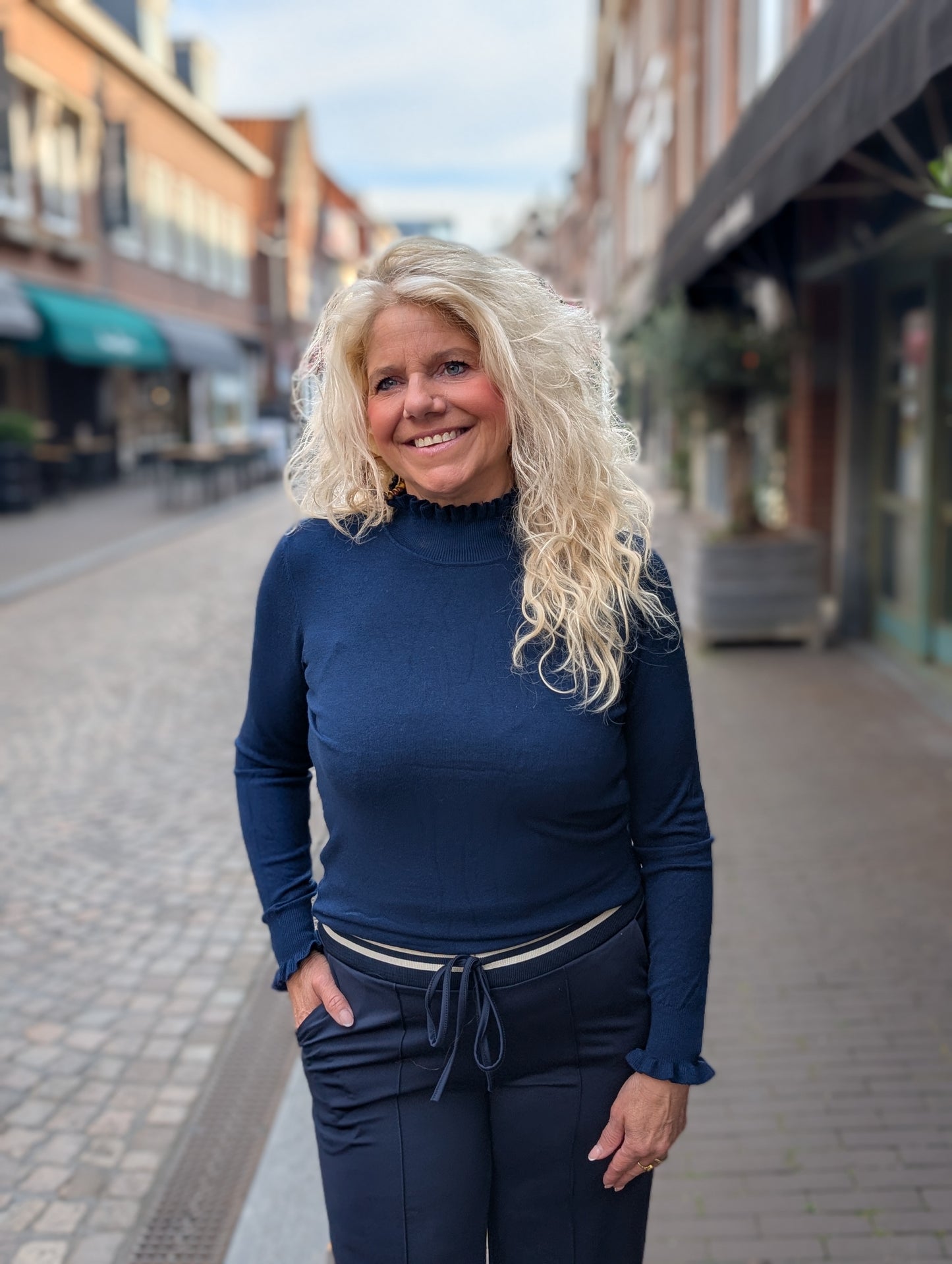 Linda travel stof wide leg met streep band- Donker blauw