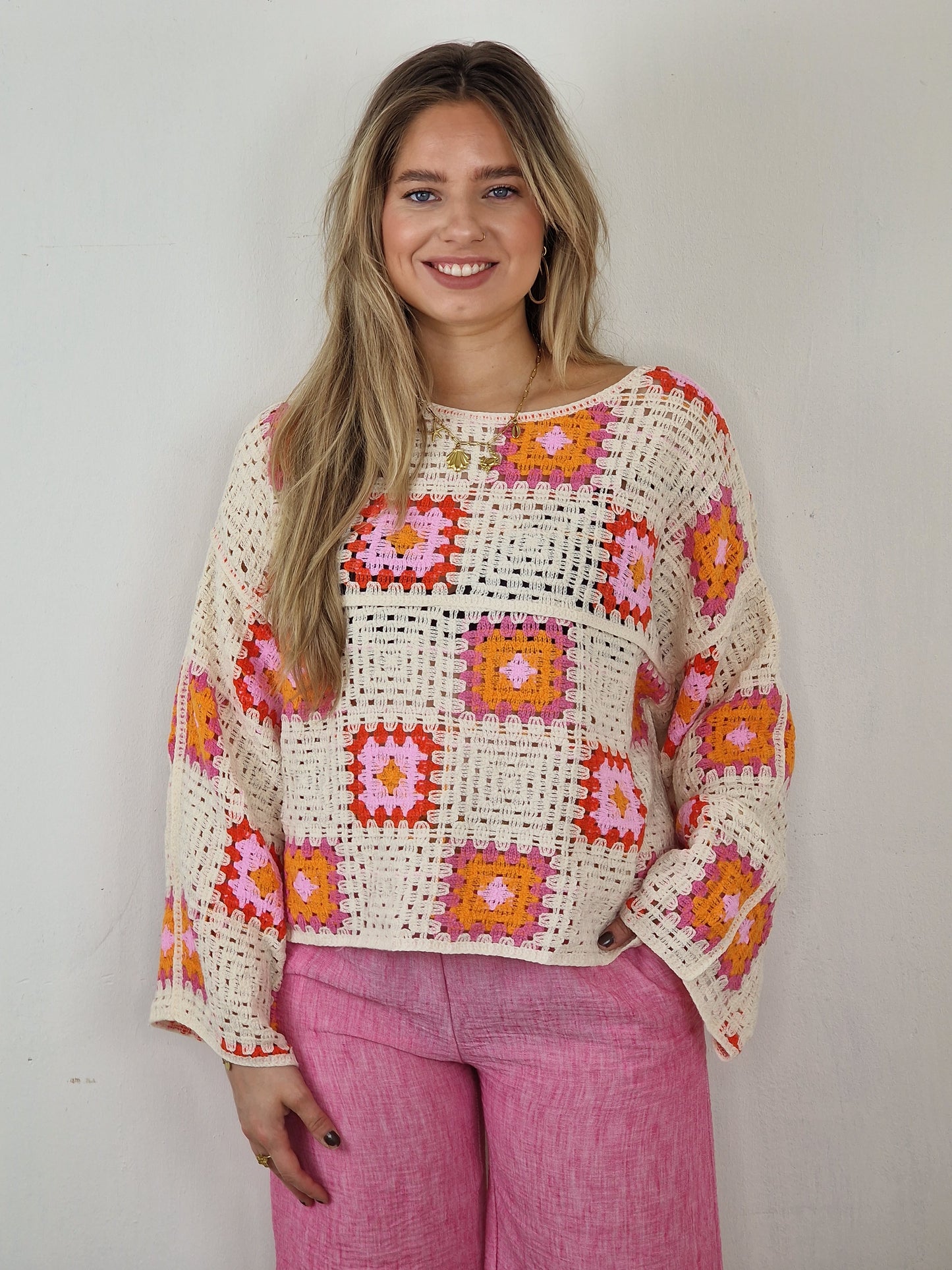 Mona pastel trui - Creme/ orange/ roze