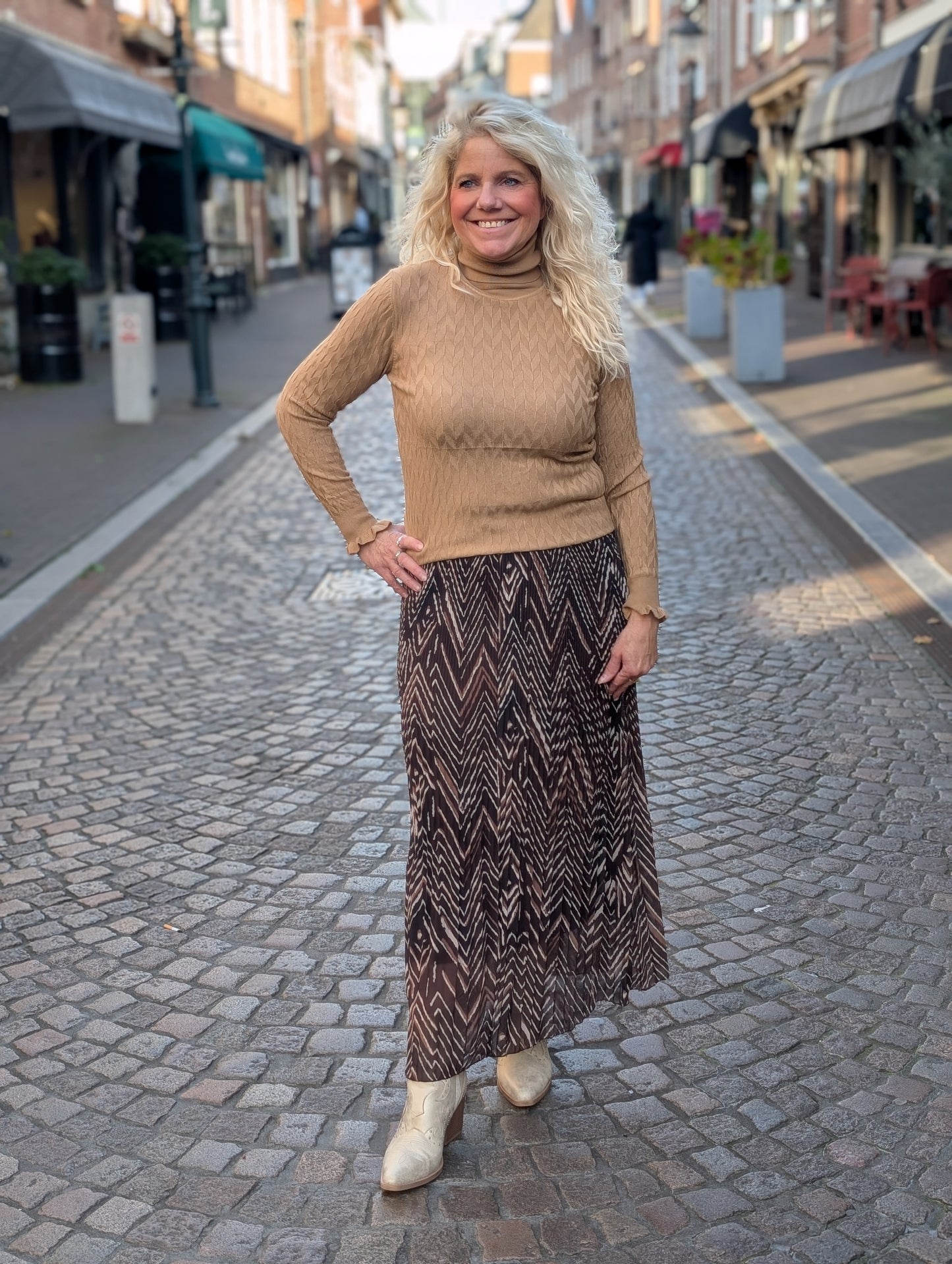 Plissé rok zigzag print - Bruin mix