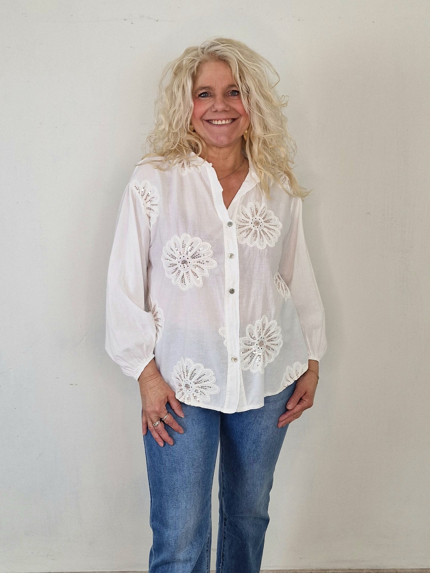 Anne blouse bloemen - Wit