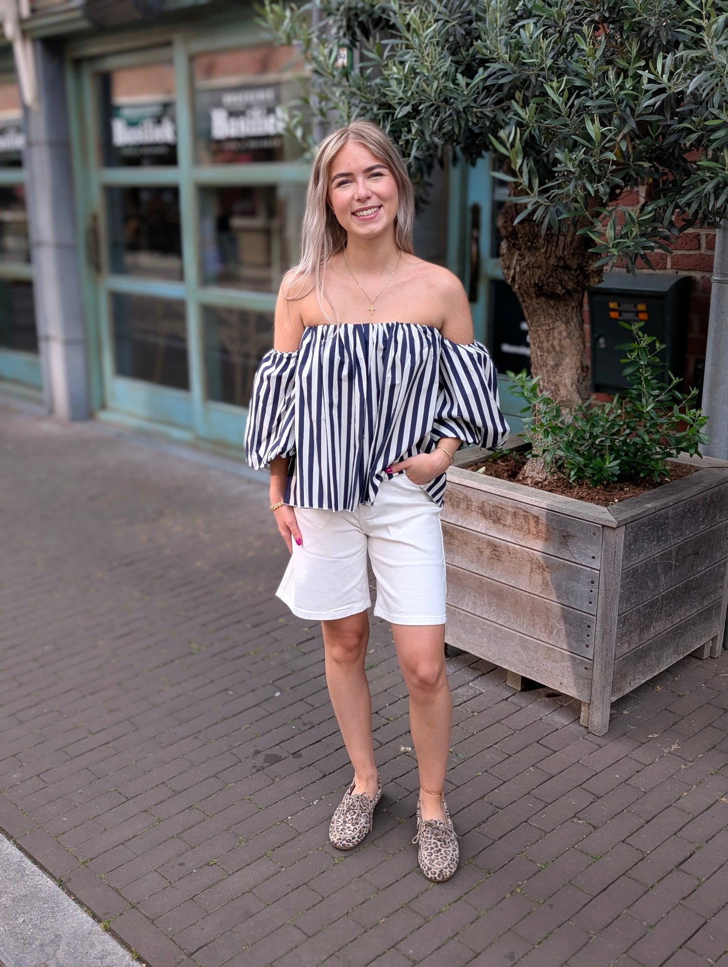 Off the shoulder blouse top - Wit / blauw streep