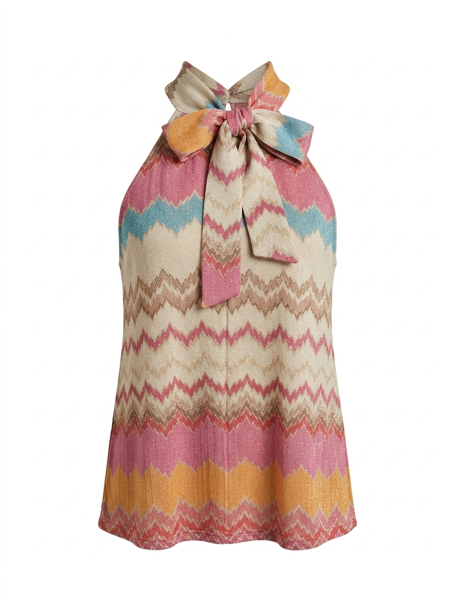 Zigzag Lurex Haltertop met Strik - Roze