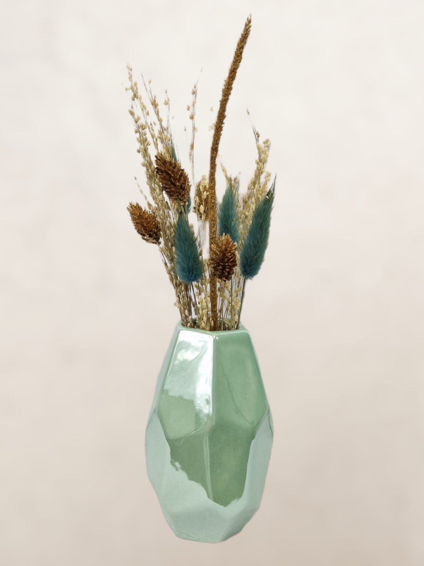 Daira pearl Aqua vaasje rock met droogbloemen 7x12cm - Petrol