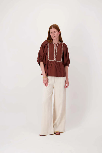 Zusss borduur blouse grafisch dessin - Mid Brown