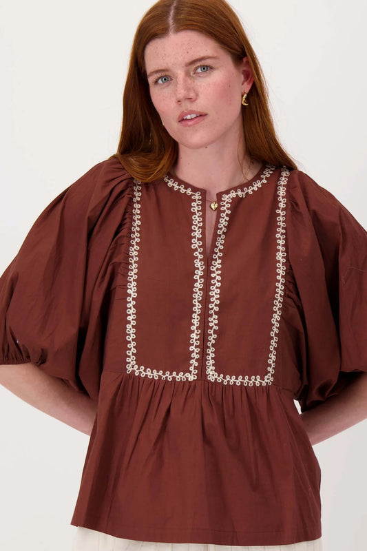 Zusss borduur blouse grafisch dessin - Mid Brown