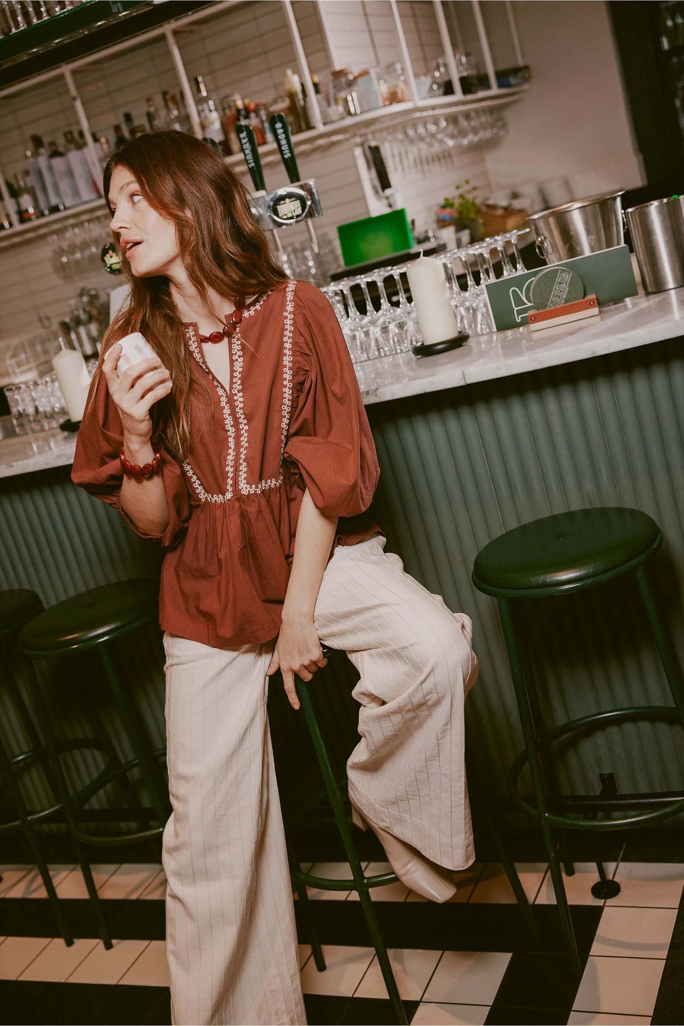 Zusss borduur blouse grafisch dessin - Mid Brown