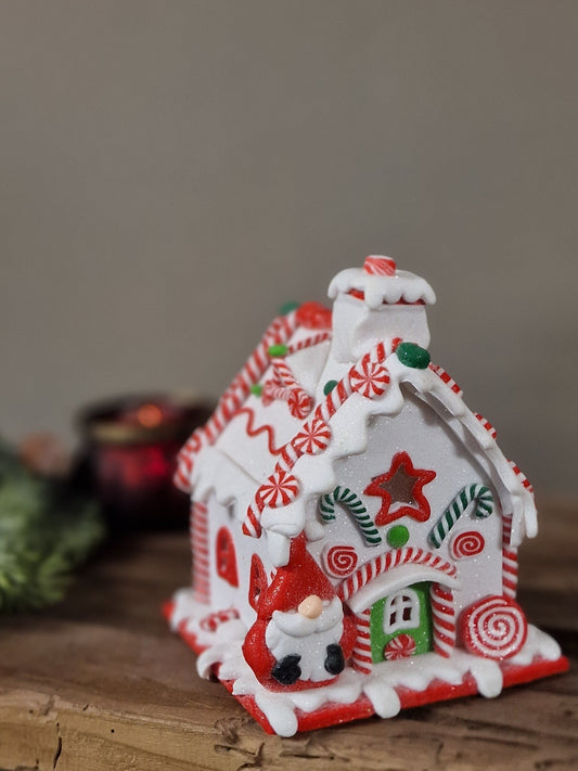 Gingerbread huisje wit/ rood- 15x11 cm. incl lampje (op batterij)