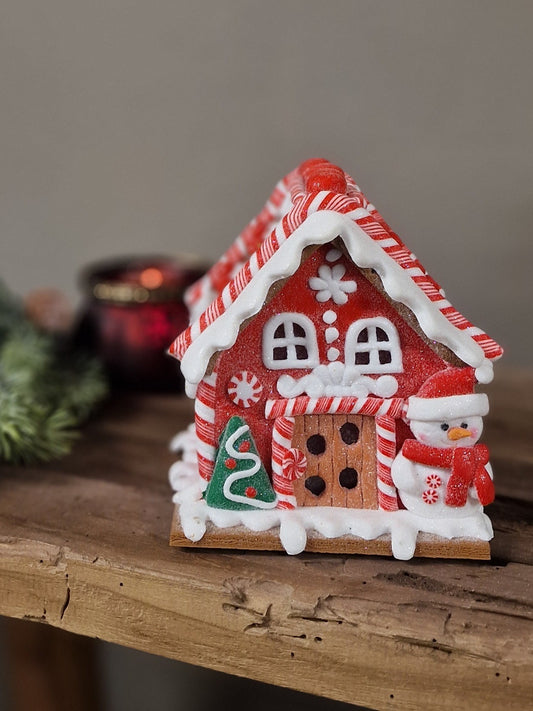 Gingerbread huisje rood/ wit - 15x11 cm. incl lampje (op batterij)