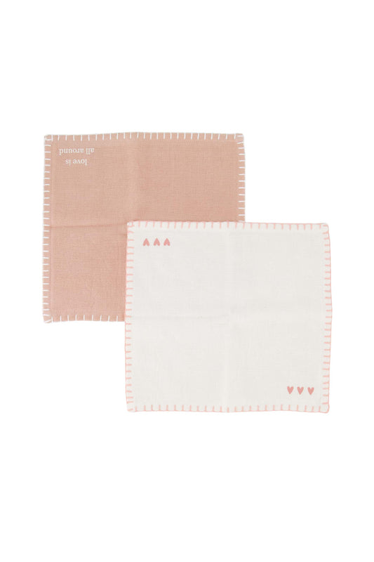 Set van 2 vaatdoekjes hartjes love is all around - Off white/ roze