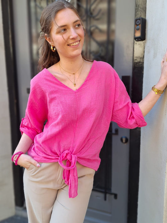 Katoenen knoop blouse Noor - Roze