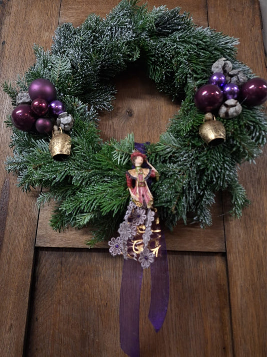 Kerst krans vers groen- 35 cm. - Paars / Goud