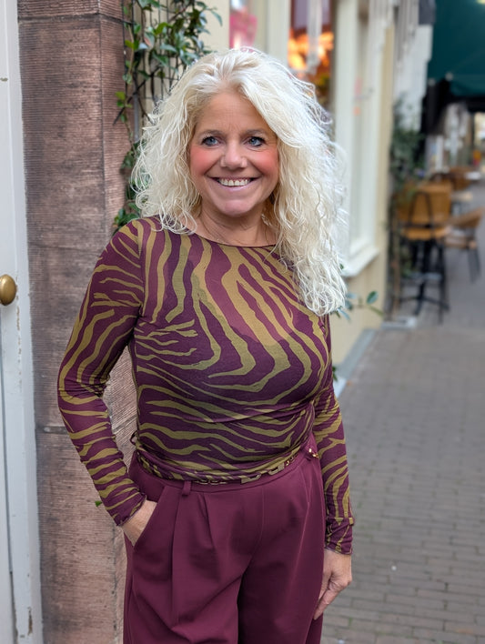 Cashmere soft longsleeve top zebraprint - Groen/Bordeaux