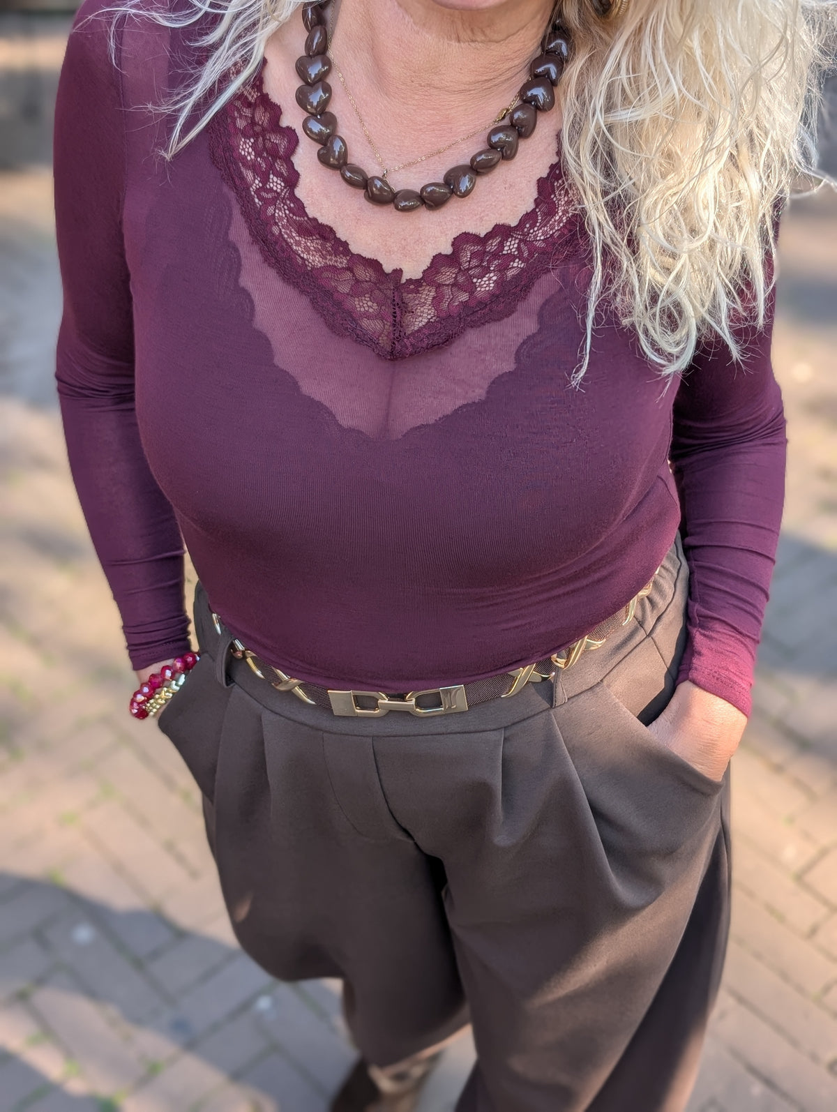 Cashmere soft kanten v-hals longsleeve - Bordeauxrood