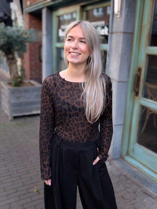 Cashmere soft longsleeve top panterprint - Bruin