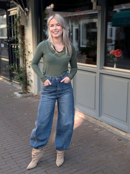 Cashmere soft kanten v-hals longsleeve - Army Groen