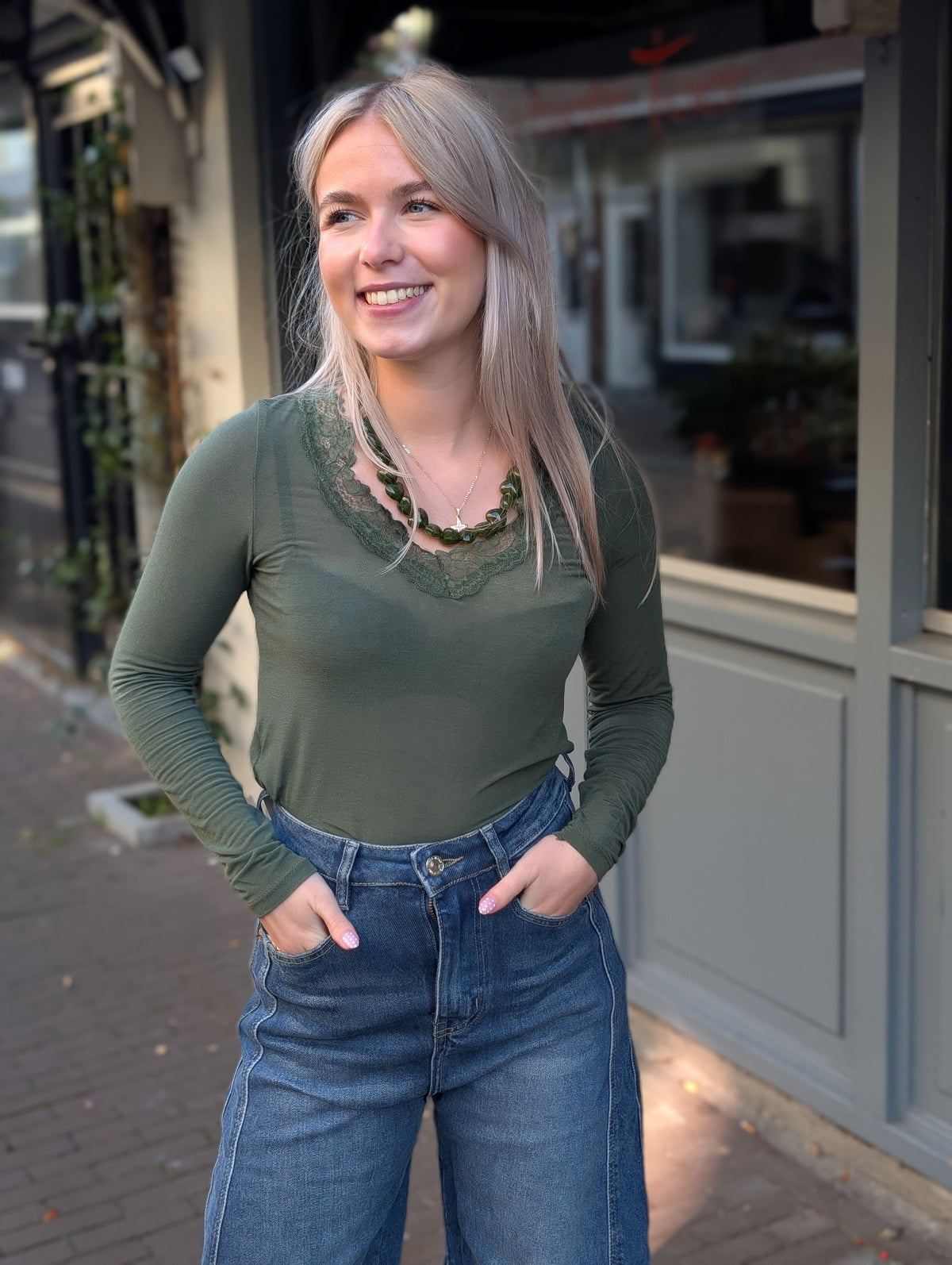 Cashmere soft kanten v-hals longsleeve - Army Groen
